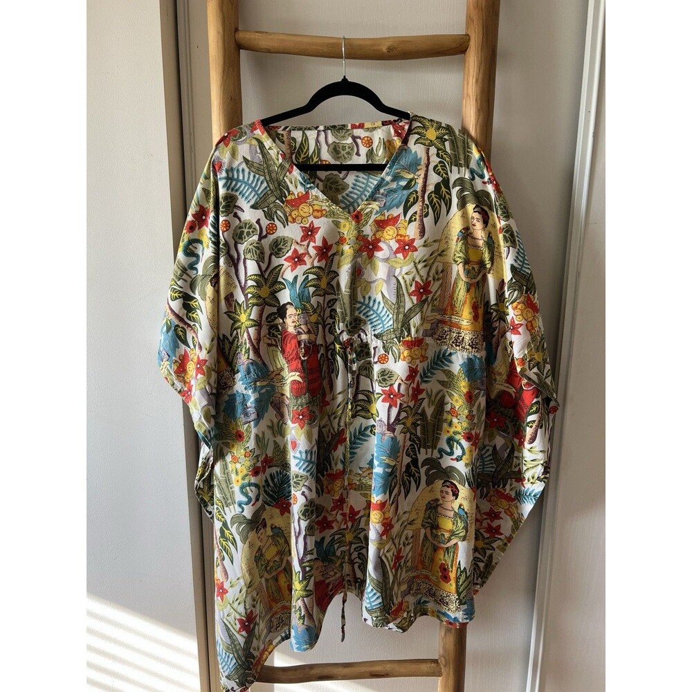 Citron Collection Women Frida Kahlo Floral V-Neck Cotton Tunic Smocked One Size
